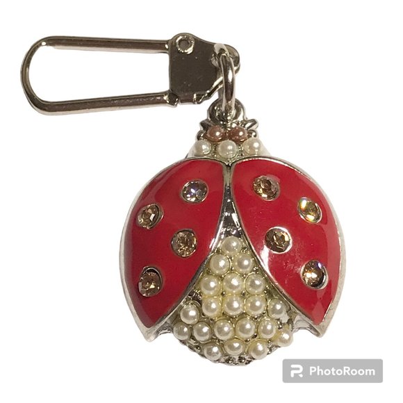 Red Ladybug Keychain Zipper Pull Purse Charm Backpack Pearl Crystal Enamel - Picture 2 of 9